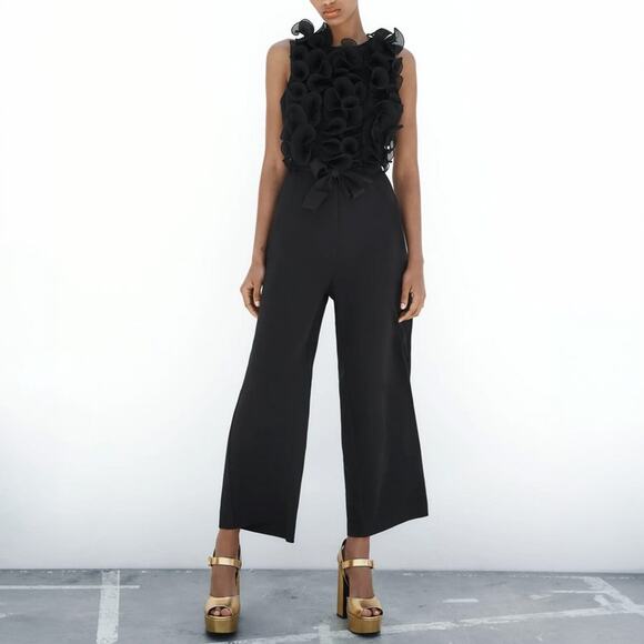 Zara Pants - Zara Black Textured Crepe Floral Appliqué Jumpsuit NWT NEW Size XS